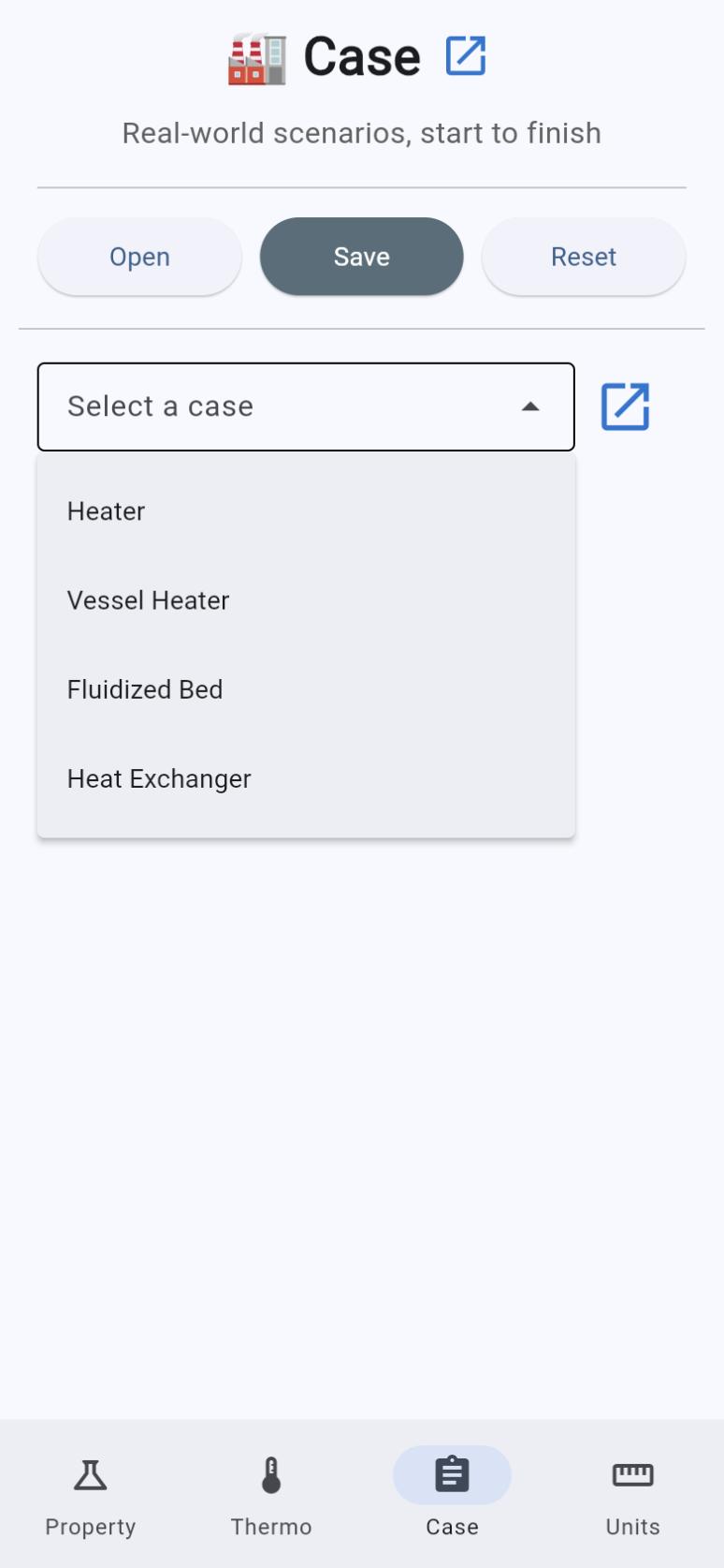 Case tab with the case list: Heater, Vessel Heater, Fluidized Bed and Heat Exchanger