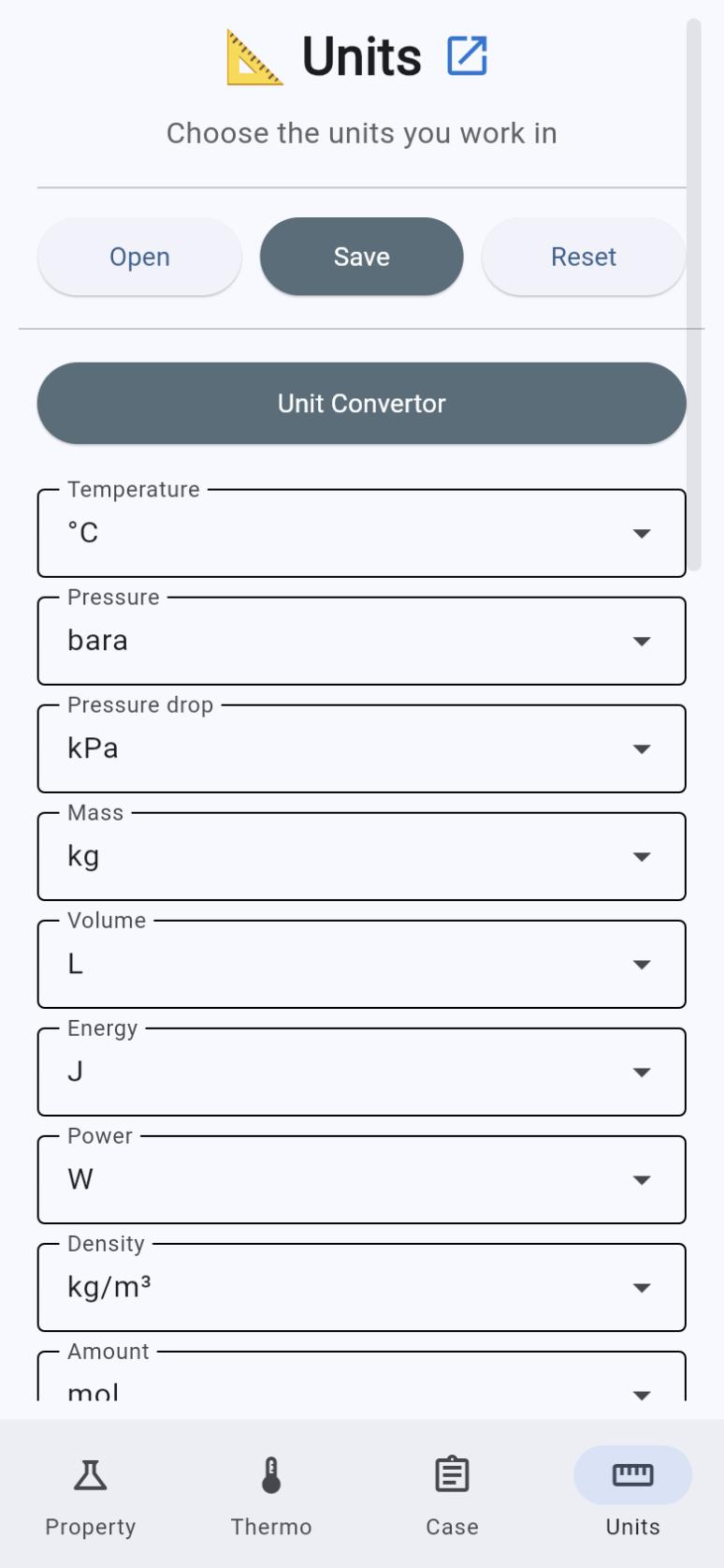 Units tab: choose a unit for temperature, pressure, mass, volume, energy and more